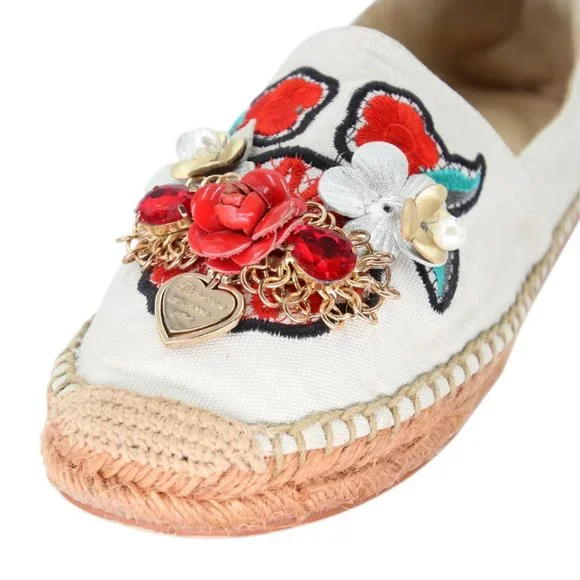 Dolce&Gabbana Pearl Espadrille 39 Floral Embellished Fabric Flats DG-0525N-0218
